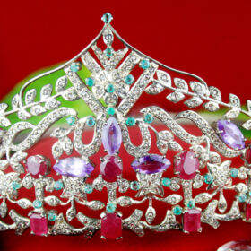 Queen Crown 29.27 Carat Rose Cut Diamond & Amethyst, Emerald, Ruby 58.6 Gms 925 Sterling Silver