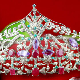 Wedding Tiaras 40.77 Carat Rose Cut Diamond & Amethyst, Emerald, Ruby 50 Gms 925 Sterling Silver