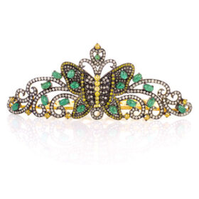 Antique Tiara 28 Carat Rose Cut Diamond & Emerald, Topaz 55 Gms 925 Sterling Silver