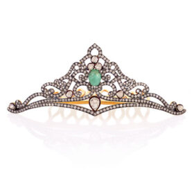 Art Deco Tiara 11 Carat Rose Cut Diamond & Emerald 45 Gms 925 Sterling Silver