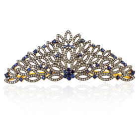 Princess Tiara 13 Carat Rose Cut Diamond & Blue Sapphire 50 Gms 925 Sterling Silver