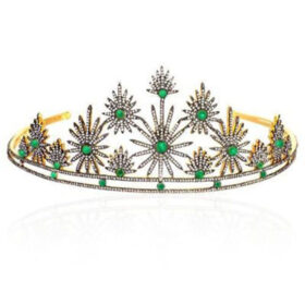 Handmade Tiaras 35.1 Carat Rose Cut Diamond & Emerald 80.5 Gms 925 Sterling Silver