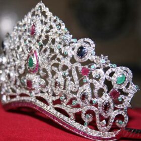 Bridal Crown 60 Carat Rose Cut Diamond & Emerald, Granet, Onyx, Ruby, Sapphire 88.56 Gms 925 Sterling Silver