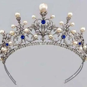 wedding Crown 74.5 Carat Rose Cut Diamond & Blue Sapphire, Pearl 62.7 Gms 925 Sterling Silver