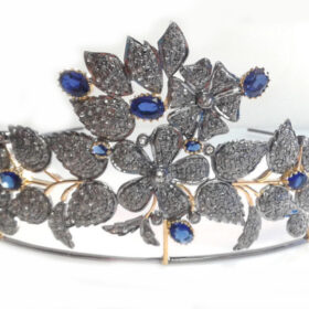Victoria Crown 24.5 Carat Rose Cut Diamond & Blue Sapphire 62.28 Gms 925 Sterling Silver