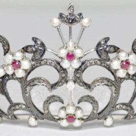Wedding Tiaras 22.62 Carat Rose Cut Diamond & Pearl, Ruby 37.44 Gms 925 Sterling Silver