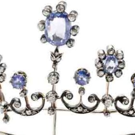 Antique Tiara 20 Carat Rose Cut Diamond & Blue Sapphire 32.2 Gms 925 Sterling Silver