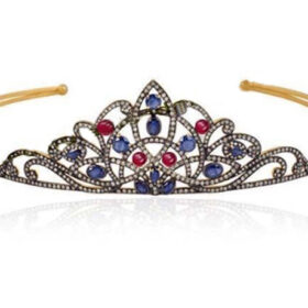 Flower Tiara 23 Carat Rose Cut Diamond & Ruby, Sapphire 45 Gms 925 Sterling Silver