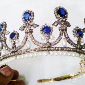 Antique Crowns 55 Carat Rose Cut Diamond & Blue Sapphire, Pearl 95 Gms 925 Sterling Silver