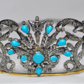 Vintage tiara 35 Carat Rose Cut Diamond & Turquoise 60 Gms 925 Sterling Silver