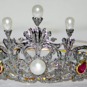 Pearl Tiara 52 Carat Rose Cut Diamond & Pearl, Ruby 52 Gms 925 Sterling Silver