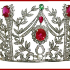 Bridal Crown 90 Carat Rose Cut Diamond & Emerald, Pearl, Ruby 144.51 Gms 925 Sterling Silver