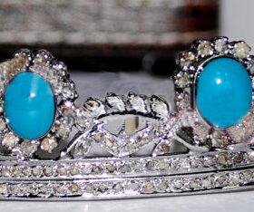 Victorian Tiara 35 Carat Rose Cut Diamond & Turquoise 40.2 Gms 925 Sterling Silver