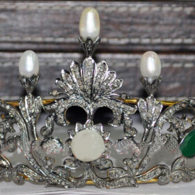 Pearl Tiara 50 Carat Rose Cut Diamond & Emerald, Pearl 66.45 Gms 925 Sterling Silver