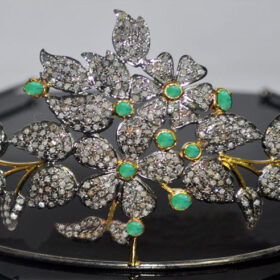 Art Deco Crown 21 Carat Rose Cut Diamond & Emerald 55.38 Gms 925 Sterling Silver