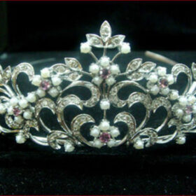 bridal tiara 14 Carat Rose Cut Diamond & Pearl, Ruby 40.7 Gms 925 Sterling Silver