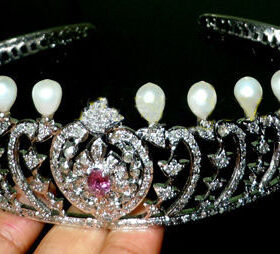 bridal tiara 62 Carat Rose Cut Diamond & Pearl, Turmaline 59.64 Gms 925 Sterling Silver