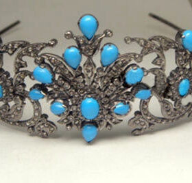 Princess Tiara 70 Carat Rose Cut Diamond & Turquoise 53 Gms 925 Sterling Silver