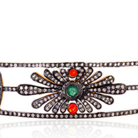 Antique Headband 15 Carat Rose Cut Diamond & Emerald, Ruby 47.67 Gms 925 Sterling Silver