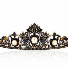 Princess Tiara 22 Carat Rose Cut Diamond & Pearl, Sapphire 55 Gms 925 Sterling Silver