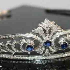 bridal tiara 12.21 Carat Round Brilliant Diamond & Blue Sapphire 30.7 Gms 14K Gold