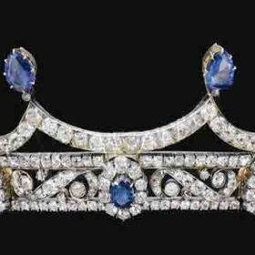 bridal tiara 25.01 Carat Round Brilliant Diamond & Blue Sapphire 65.85 Gms 14K Gold