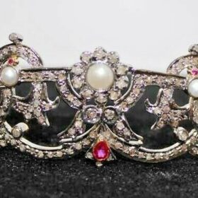 Princess Tiara 15 Carat Rose Cut Diamond & Ruby Pearl 31.3 Gms 925 Sterling Silver