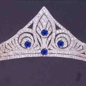 bridal tiara 19.7 Carat Round Brilliant Diamond & Blue Sapphire 70.7 Gms 14K Gold