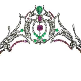 Flower Tiara 44.31 Carat Rose Cut Diamond & Ruby Emerald 77.1 Gms 925 Sterling Silver