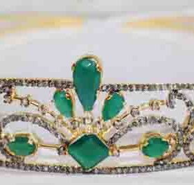 Antique Headband 36.46 Carat Rose Cut Diamond & Emerald 66.2 Gms 925 Sterling Silver