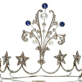 Victorian Tiara 17.55 Carat Rose Cut Diamond & Pearl Sapphire 69.5 Gms 925 Sterling Silver