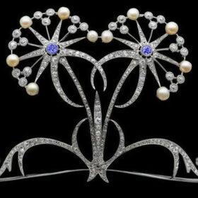 Art Deco Tiara 19.4 Carat Rose Cut Diamond & Pearl Sapphire 52.6 Gms 925 Sterling Silver