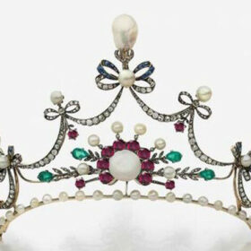 Pearl Tiara 42.5 Carat Rose Cut Diamond & Pearl Ruby Emerald Sapphire 51.3 Gms 925 Sterling Silver