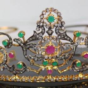 bridal tiara 20.45 Carat Rose Cut Diamond & Ruby Emerald 66.8 Gms 925 Sterling Silver