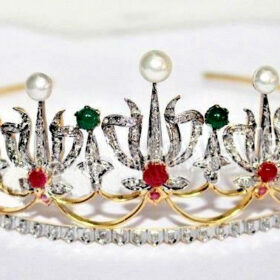 Pearl Crown 29.46 Carat Rose Cut Diamond & Ruby Emerald Pearl 51.94 Gms 925 Sterling Silver