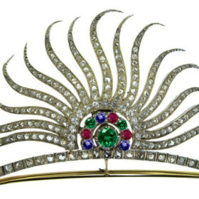 Art Deco Headband 12.7 Carat Rose Cut Diamond & Ruby Emerald Sapphire 48.5 Gms 925 Sterling Silver