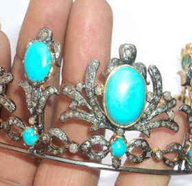 Wedding Tiaras 71.82 Carat Rose Cut Diamond & Turquoise 61.8 Gms 925 Sterling Silver