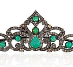 Princess Tiara 21.45 Carat Rose Cut Diamond & Emerald 55.6 Gms 925 Sterling Silver