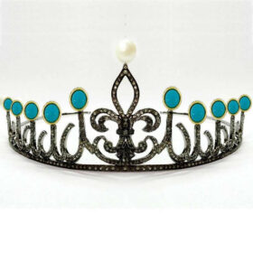 Pearl Crown 28.82 Carat Rose Cut Diamond & Turquoise & Pearl 43.53 Gms 925 Sterling Silver