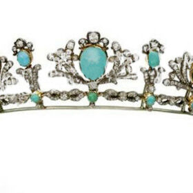 Art Deco Headband 19.9 Carat Rose Cut Diamond & Turquoise 45.2 Gms 925 Sterling Silver