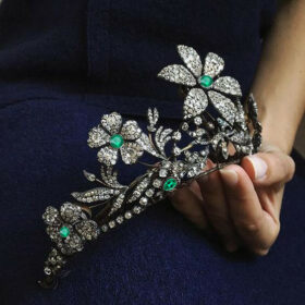 Bridal Crown 13.5 Carat Rose Cut Diamond & Emerald 75.5 Gms 925 Sterling Silver