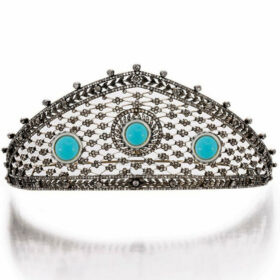 Bridal Crown 28.82 Carat Rose Cut Diamond & Turquoise 65.53 Gms 925 Sterling Silver