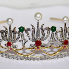 Princess Tiara 16.14 Carat Rose Cut Diamond & Ruby Emerald Pearl 44.83 Gms 925 Sterling Silver