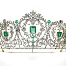 Princess Tiara 38.7 Carat Rose Cut Diamond & Emerald 95.3 Gms 925 Sterling Silver