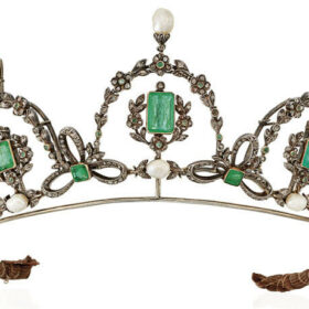 Vintage tiara 24.05 Carat Rose Cut Diamond & Emerald Pearl 57.8 Gms 925 Sterling Silver