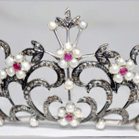 wedding Crown 9.42 Carat Rose Cut Diamond & Ruby Pearl 35.48 Gms 925 Sterling Silver