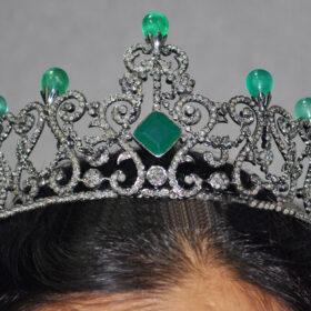 Vintage Crown 74.7 Carat Rose Cut Diamond & Emerald 89.3 Gms 925 Sterling Silver