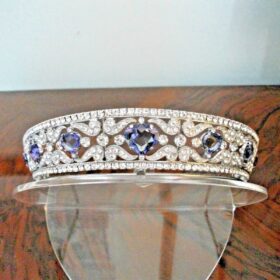 wedding Crown 38.02 Carat Round Brilliant Diamond & Blue Sapphire 62.9 Gms 14K Gold