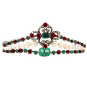 Pearl Headband 9.4 Carat Rose Cut Diamond & 64 Carat ruby & pearl & emerald 50 Gms 925 Sterling Silver