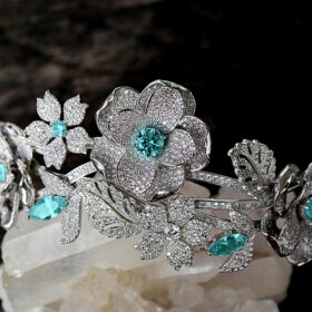 bridal tiara 20 Carat Rose Cut Diamond & 30 Carat Aquamarine 79 Gms 925 Sterling Silver